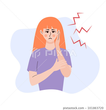 Sad woman with earache. Pain, otitis, tinnitus, inflammation in human ear. 101863720