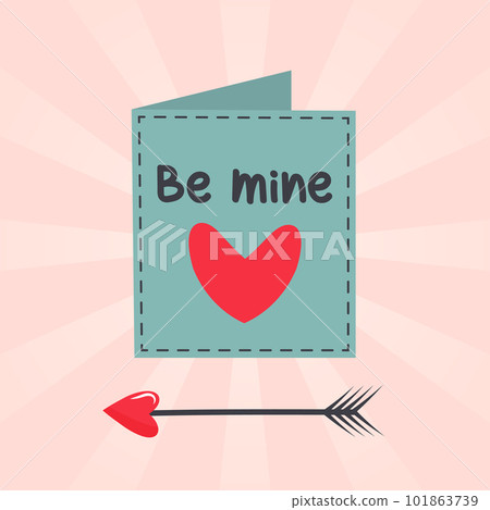 Postcard with a heart and the inscription "Be mine. Cupid's arrow of love. Vintage background with rays. Valentine's day card. 101863739