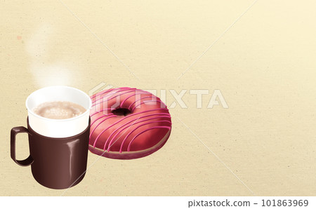 Illustration material, hot coffee & donuts in paper cup with cup holder, beige background, different colors, with differences 101863969