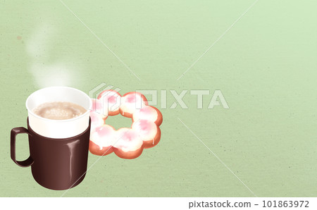 Illustration material, hot coffee & donuts in a paper cup with a cup holder Green background with different colors and differences Illustration material, hot coffee & donuts in a paper cup with a cup holder Green background with different colors and differences 101863972
