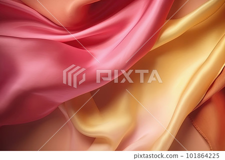 Satin texture pink and yellow gradient fabric background, silk backdrop, closeup. Generative AI 101864225