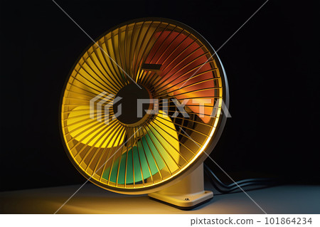 Modern electric table fan spinning, blades whirring arround, closeup, colorful on black background. Generative AI 101864234