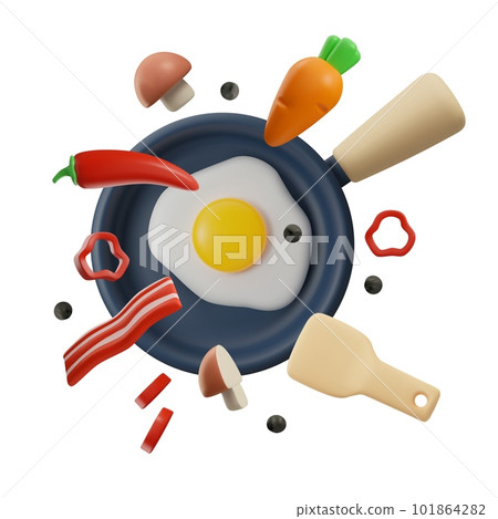Frying pan with egg and vegetables, 3D realistic vector illustration isolated. 101864282