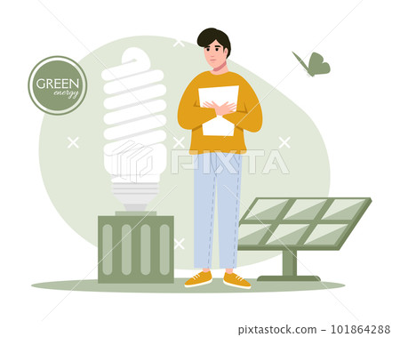 Green energy illustration set. Characters reduce energy consumption at home. Power save concept. Household energy and resources, meter installation Green energy illustration set. Characters reduce energy consumption at home. Power save concept. Household energy and resources, meter installation 101864288