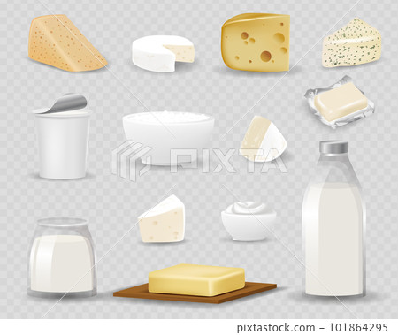 Dairy products isolated on realistic style vector illustration. Different natural milk drinks and food, 3d packaging with blank label, yogurt, butter and cheese 101864295