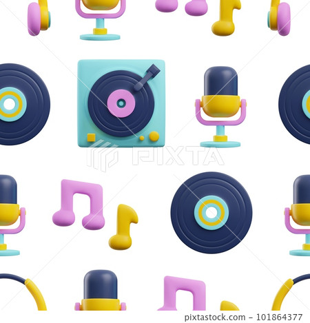 Vinyl record player seamless pattern in cute 3d style, vector illustration on white background. 101864377