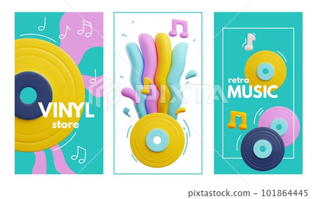 Set of bright vertical flyers about retro music 3D style, vector illustration 101864445