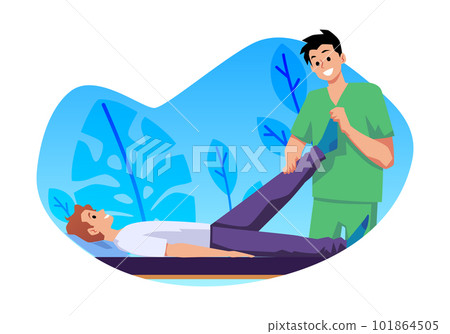 Orthopedist conducts physiotherapy session, flat vector illustration isolated on white background. Orthopedist conducts physiotherapy session, flat vector illustration isolated on white background. 101864505