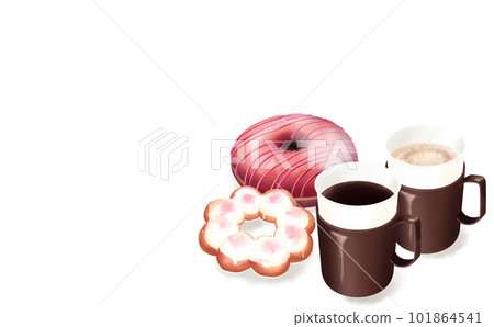 紙杯中的插圖材料、熱咖啡和甜甜圈，每個杯架 2 個白色背景不同顏色/差異 101864541