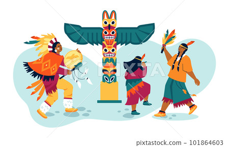 Ritual dance around the totem - modern colored vector illustration 101864603