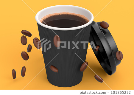 Paper coffee cup with coffee bean for cappuccino, americano, espresso on yellow Paper coffee cup with coffee bean for cappuccino, americano, espresso on yellow 101865252