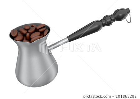Turkish coffee cooked in sand or maker cezve with coffee bean on white Turkish coffee cooked in sand or maker cezve with coffee bean on white 101865292