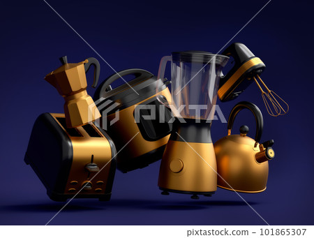 Electric kitchen appliances and utensils for making breakfast on blue 101865307