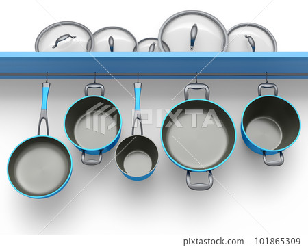 Set of stewpot, frying pan and chrome plated cookware hanging on shelf on white 101865309