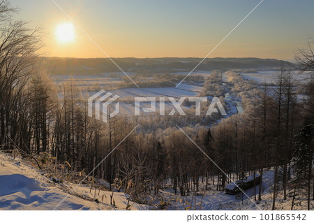 鶴居村、北海道丹頂鶴棲息地、隆冬的雪釣川 101865542
