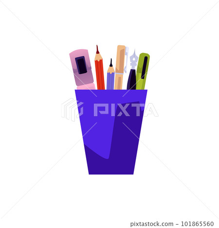 Calligraphy tools in a plastic cup flat vector illustration isolated on white. 101865560