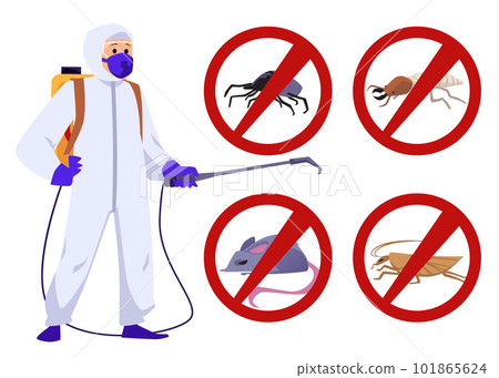 Pest control service, insects and rodents under red prohibition sign - flat vector illustration isolated on white. Pest control service, insects and rodents under red prohibition sign - flat vector illustration isolated on white. 101865624