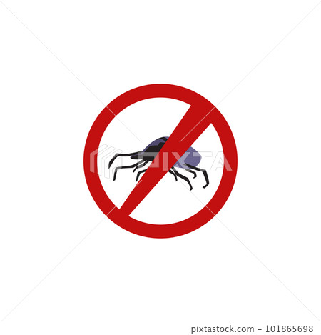 Red circle prohibition sign over tick or mite, flat vector illustration isolated on white background. 101865698