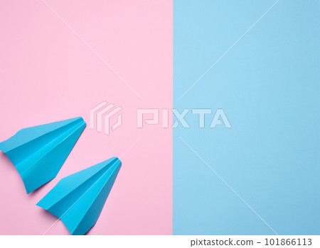 Paper airplane on a blue pink background, travel concept, top view. Copy space Paper airplane on a blue pink background, travel concept, top view. Copy space 101866113