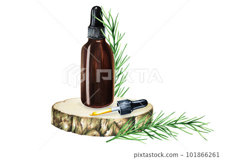 Watercolor bottle of serum, cream with pipette on a wooden saw cut isolated on white background. Beauty products and botany elements, cosmetology and medicine. For designers, spa decoration, postcards Watercolor bottle of serum, cream with pipette on a wooden saw cut isolated on white background. Beauty products and botany elements, cosmetology and medicine. For designers, spa decoration, postcards 101866261