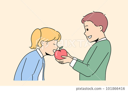 Smiling children share apple  101866416