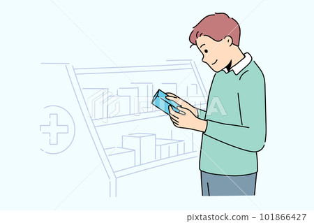Smiling man buy medication in pharmacy  101866427