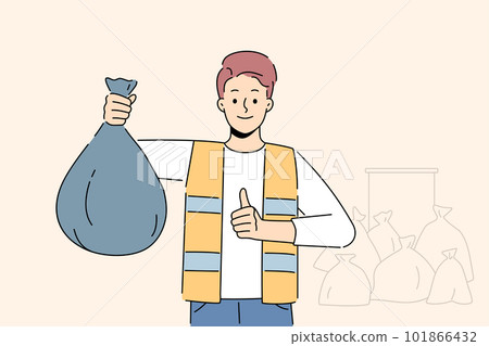 Man collector with plastic bag with waste  101866432