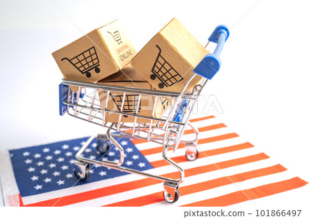 Box with shopping online cart logo and USA America flag, Import Export Shopping online or commerce finance delivery service store product shipping, trade, supplier concept. Box with shopping online cart logo and USA America flag, Import Export Shopping online or commerce finance delivery service store product shipping, trade, supplier concept. 101866497