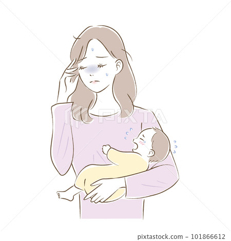Illustration of mother and baby with postpartum depression/childcare neurosis 101866612