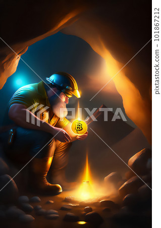 Bitcoin miner extracting bitcoin coins inside a mine (concept)(AI Generative) Bitcoin miner extracting bitcoin coins inside a mine (concept)(AI Generative) 101867212