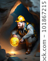 Bitcoin miner extracting bitcoin coins inside a mine (concept)(AI Generative) 101867215
