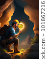 Bitcoin miner extracting bitcoin coins inside a mine (concept)(AI Generative) 101867216