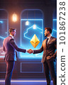 Businessmen shaking hands because they have closed a deal with ethereum smart contracts (AI Generative) 101867238