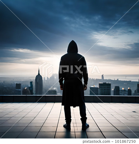 Hooded hacker on the roof of a building looking at the horizon with his back 101867250