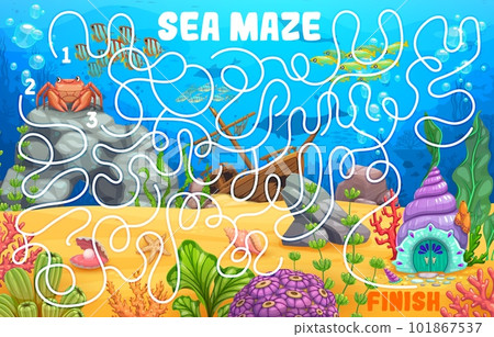 Labyrinth maze cartoon underwater landscape and animals. Kids vector board game worksheet help cartoon funny crab find house on sea bottom. Boardgame quiz task with tangled path, start and finish Labyrinth maze cartoon underwater landscape and animals. Kids vector board game worksheet help cartoon funny crab find house on sea bottom. Boardgame quiz task with tangled path, start and finish 101867537