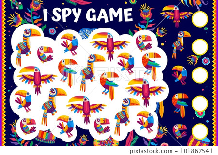 I spy game worksheet with Mexican cartoon toucan birds, vector puzzle quiz. Find and match two same tropical birds, kids riddle game with colorful toucans and Mexican jungle flowers 101867541