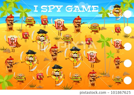 I spy game cartoon captain and pirates fastfood characters on treasure island. Kids vector math maze riddle count how many pizza, french fries, pop corn, hot dog and burger corsair personages test 101867625