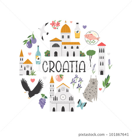 Colorful circle design with famous landmarks, symbols of Croatia Colorful circle design with famous landmarks, symbols of Croatia 101867641