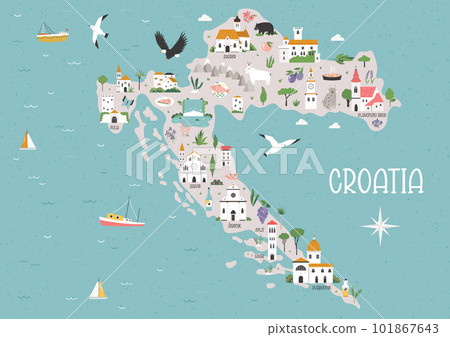Colorful cartoon map of Croatia with famous cities, must-see attractions. 101867643