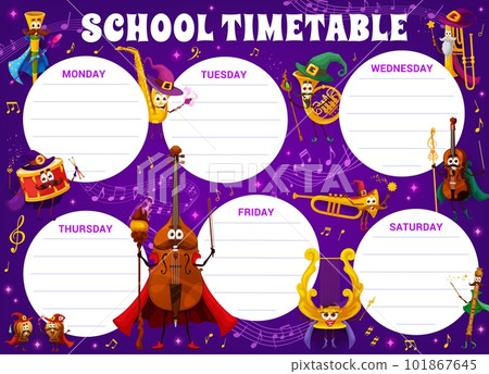 Timetable schedule wizard musical instrument characters, sound waves and music notes. Kid vector planner with vuvuzela, saxophone, french horn or drum, double bass, castanets or harp, violin and flute 101867645