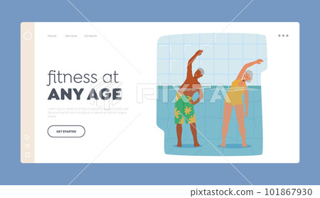 Senior Characters Exercise In Pool Landing Page Template. Old People Smiling While Participating In Fun Aqua Aerobics 101867930