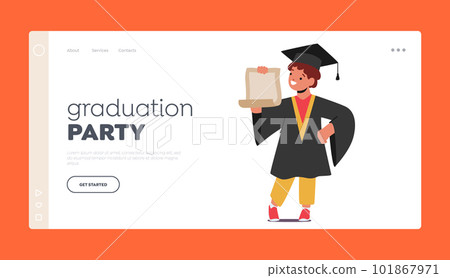 Graduation Party Landing Page Template. Armed With Their Degree, Graduate Kid Character Sets Out On A New Journey Graduation Party Landing Page Template. Armed With Their Degree, Graduate Kid Character Sets Out On A New Journey 101867971