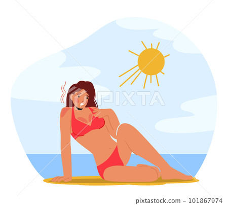 Woman In Pain With Skin Sunburn On Beach, Female Character With Red And Irritated Skin With Blisters And Discomfort Woman In Pain With Skin Sunburn On Beach, Female Character With Red And Irritated Skin With Blisters And Discomfort 101867974