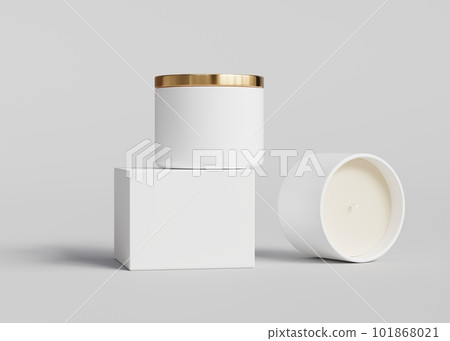 White ceramic candle jar with gold lid and empty box front view standing and laying mockup, 3D render White ceramic candle jar with gold lid and empty box front view standing and laying mockup, 3D render 101868021