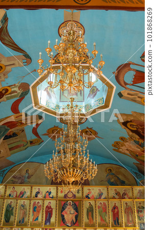 SHYMKENT, KAZAKHSTAN - JANUARY 24, 2023: Ancient ceiling painting with saints in the Church of Our Lady of Kazan SHYMKENT, KAZAKHSTAN - JANUARY 24, 2023: Ancient ceiling painting with saints in the Church of Our Lady of Kazan 101868269