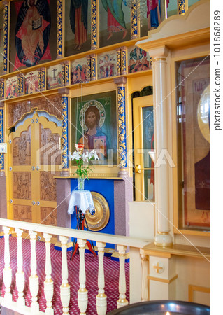 SHYMKENT, KAZAKHSTAN - JANUARY 24, 2023: interior of the temple in honor of the icon of the Mother of God of Kazan, Kazakhstan SHYMKENT, KAZAKHSTAN - JANUARY 24, 2023: interior of the temple in honor of the icon of the Mother of God of Kazan, Kazakhstan 101868289
