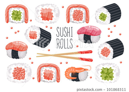 Set of sushi rolls and chopsticks on a white background. Asian food icons, restaurant menu, vector Set of sushi rolls and chopsticks on a white background. Asian food icons, restaurant menu, vector 101868311