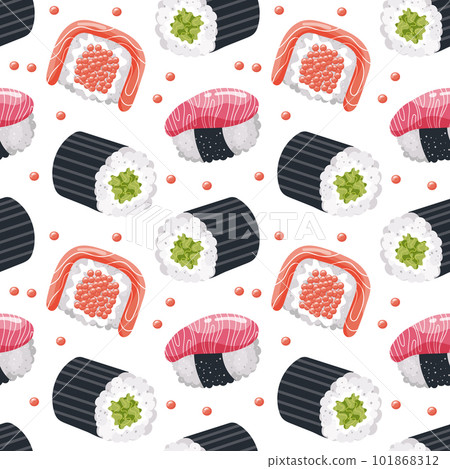 Seamless pattern with seafood sushi on a white background. Colorful food background, restaurant menu, vector 101868312