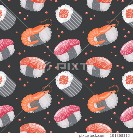 Seamless pattern with sushi and shrimps on a dark background. Colorful food background, restaurant menu, vector 101868313