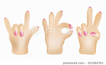 3D hand gestures. Vector isolated illustration of hands. Horns, Ok, victory. Female hands with manicure. 3D hand gestures. Vector isolated illustration of hands. Horns, Ok, victory. Female hands with manicure. 101868761